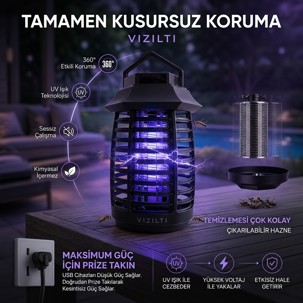 VIZILTI© v2 - UV LED Sinek Öldürücü Gece Lambası | Elektrikli Sivrisinek Böcek Tuzağı