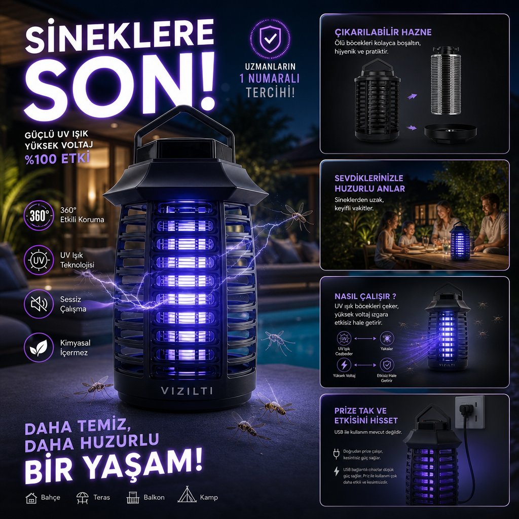 VIZILTI© v2 - UV LED Sinek Öldürücü Gece Lambası | Elektrikli Sivrisinek Böcek Tuzağı