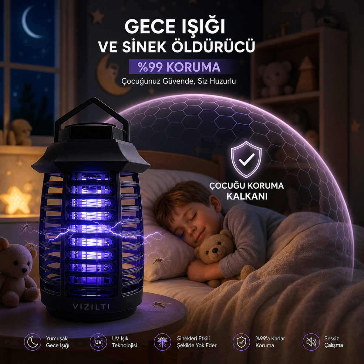 VIZILTI© v2 - UV LED Sinek Öldürücü Gece Lambası | Elektrikli Sivrisinek Böcek Tuzağı
